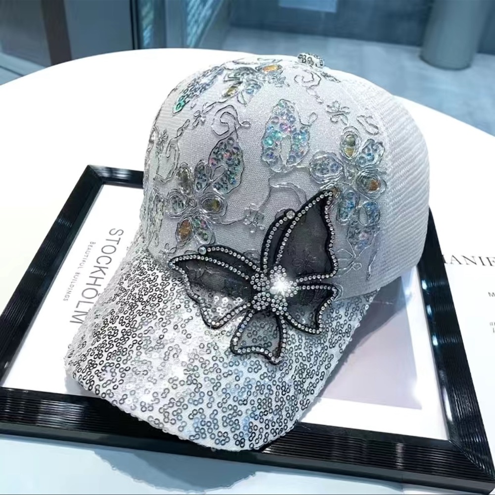 Rhinestone Lace Butterfly Bling Cap